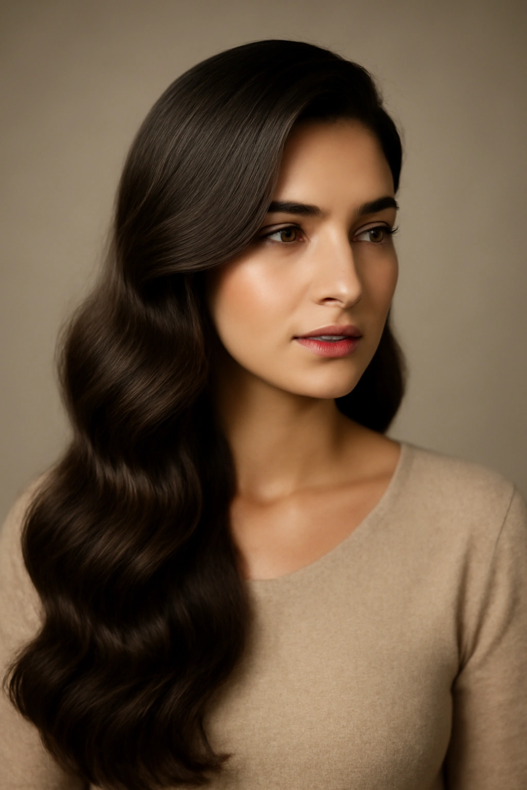 Long hair in side-swept waves over shoulder