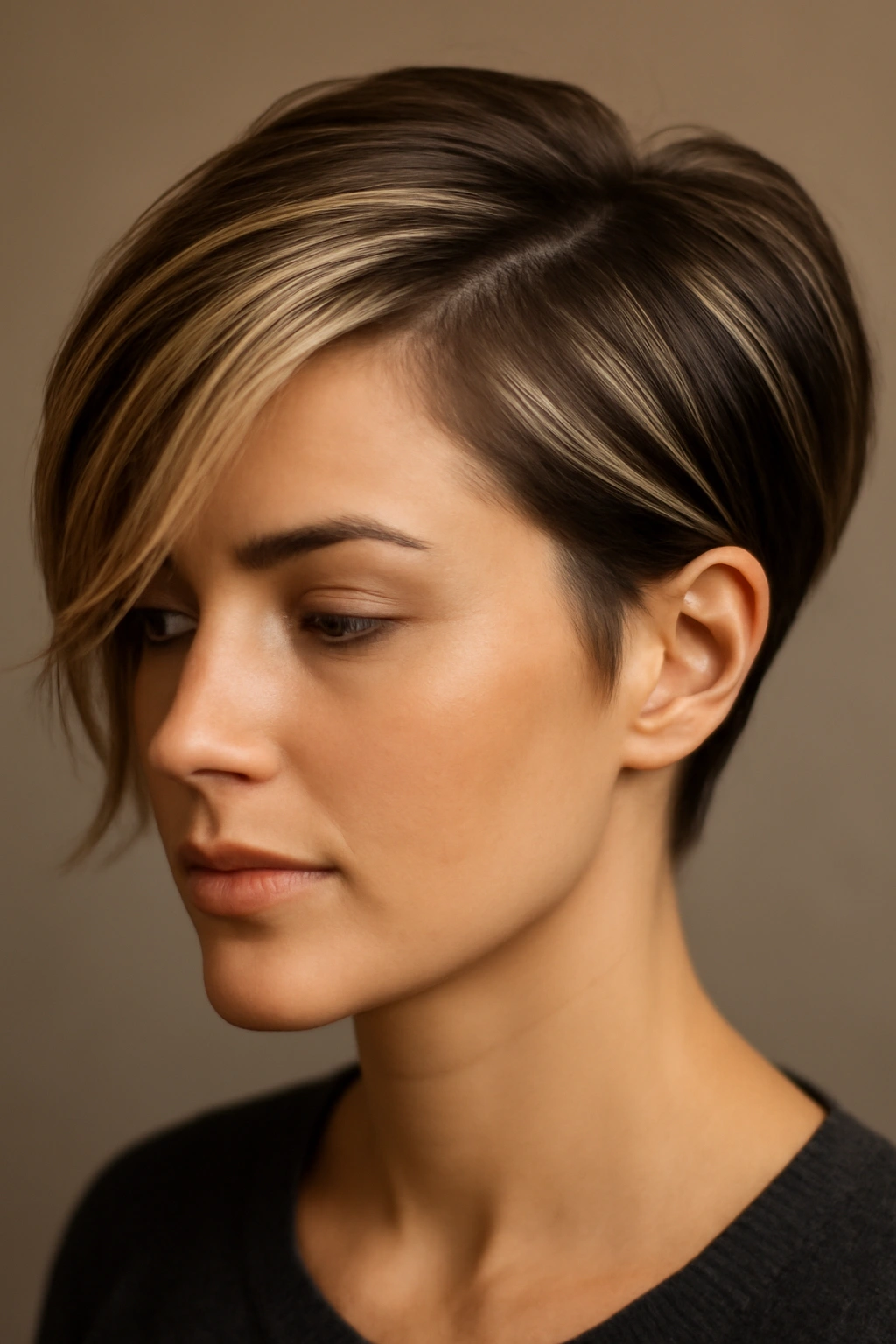 Side-swept short cut with directional money pieces in studio lighting