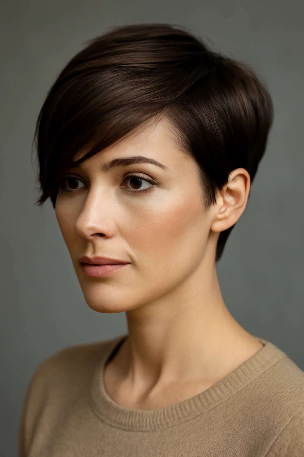 Close-up of The Side-Swept Pixie with dramatic side part and soft cheek coverage.