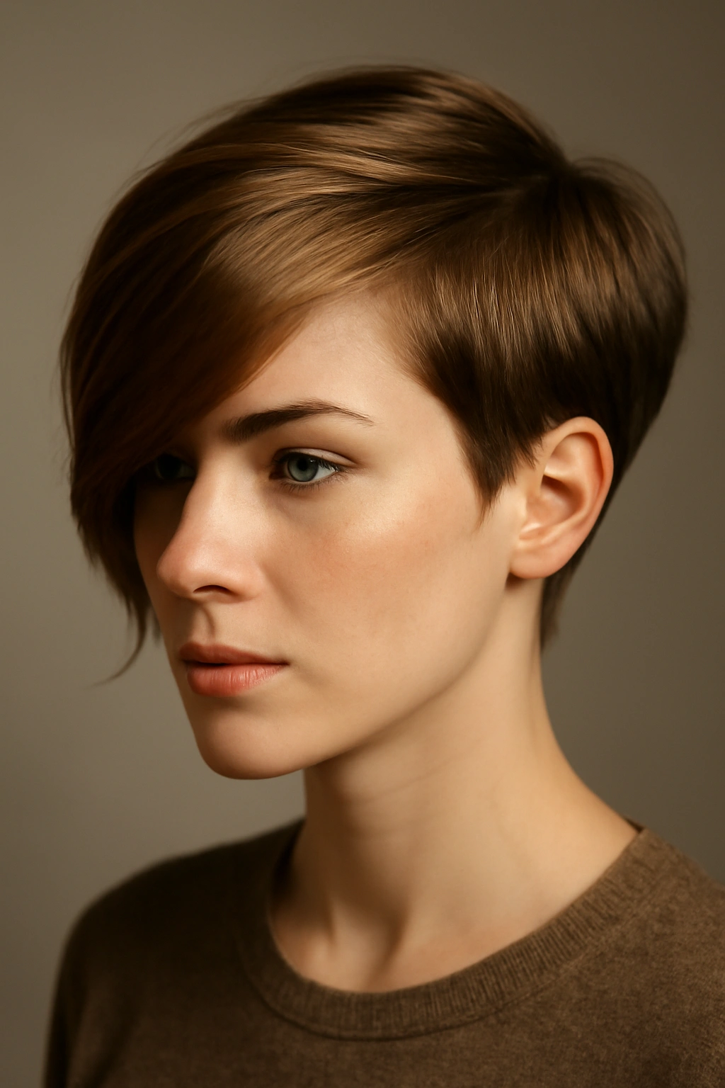 Three-quarter view of a side-swept pixie with a longer side across the face.