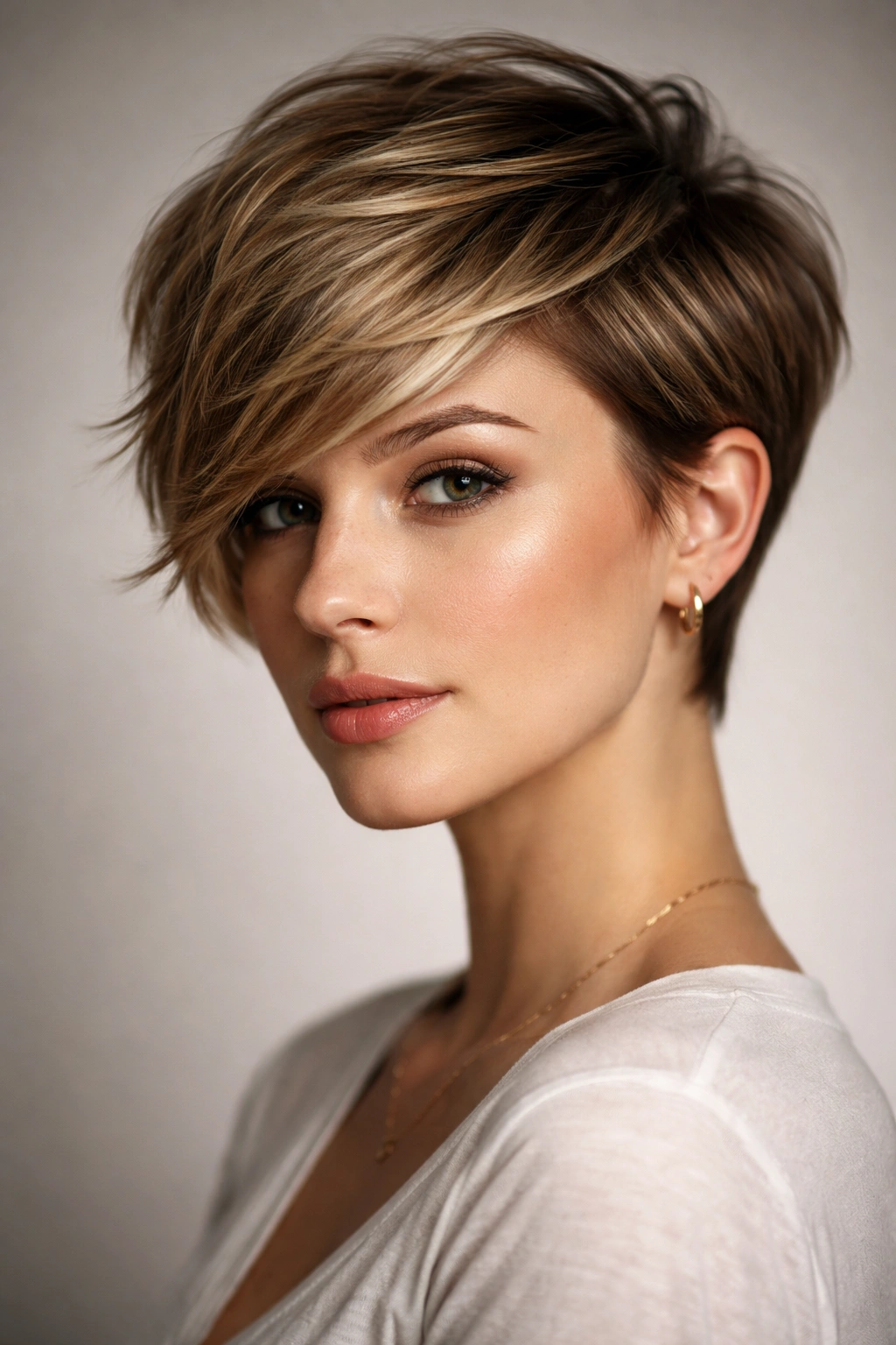 Side-swept pixie cut showing volume on one side