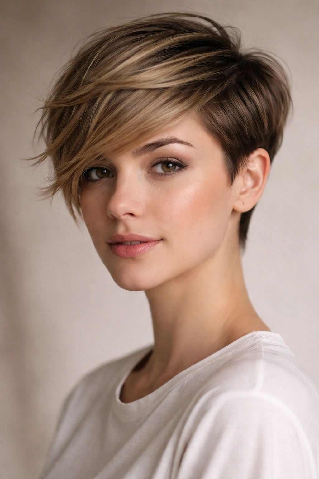 Portrait of a person with a side-swept pixie showing asymmetrical long and short sides