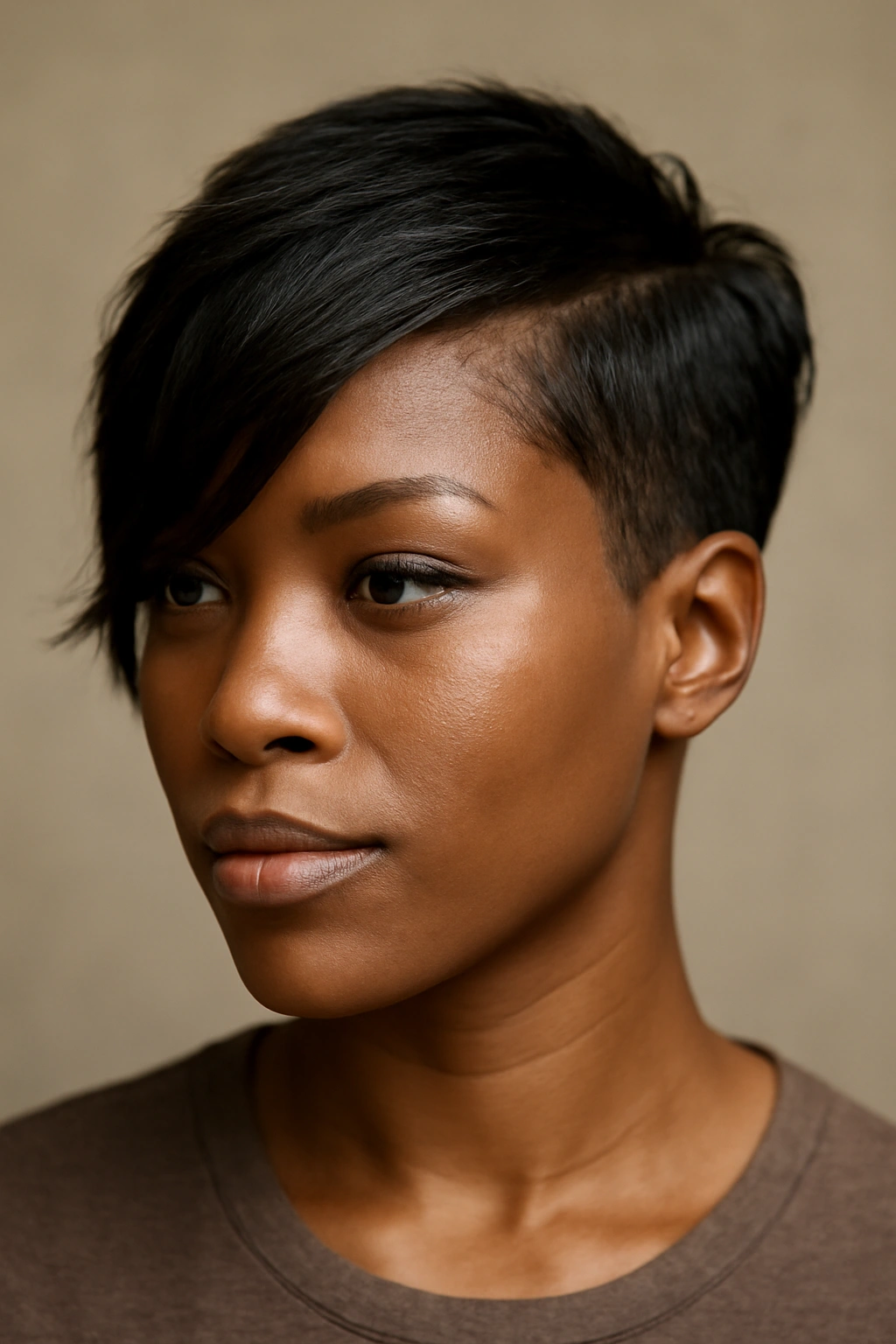 Portrait of a person with a side-swept pixie showing asymmetrical length