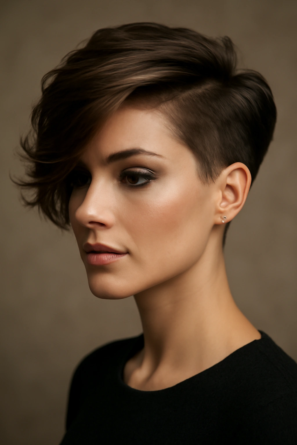 Side-swept pixie with dramatic asymmetry and texture