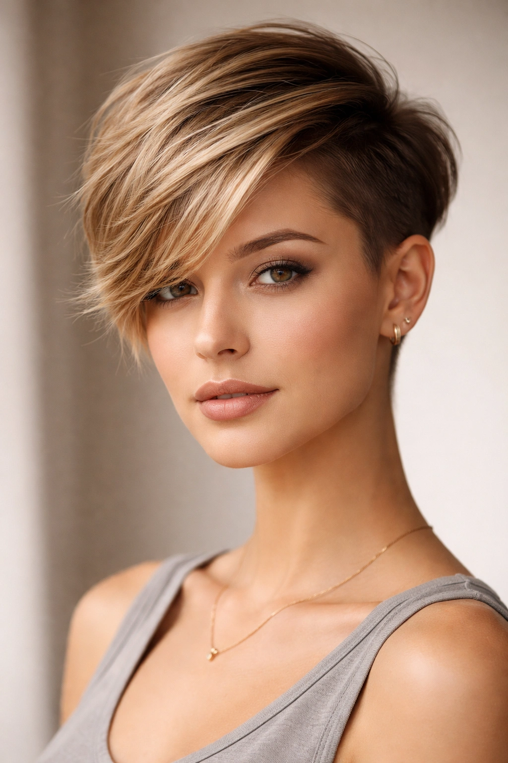 Portrait of a person with a side-swept pixie showing dramatic asymmetry.
