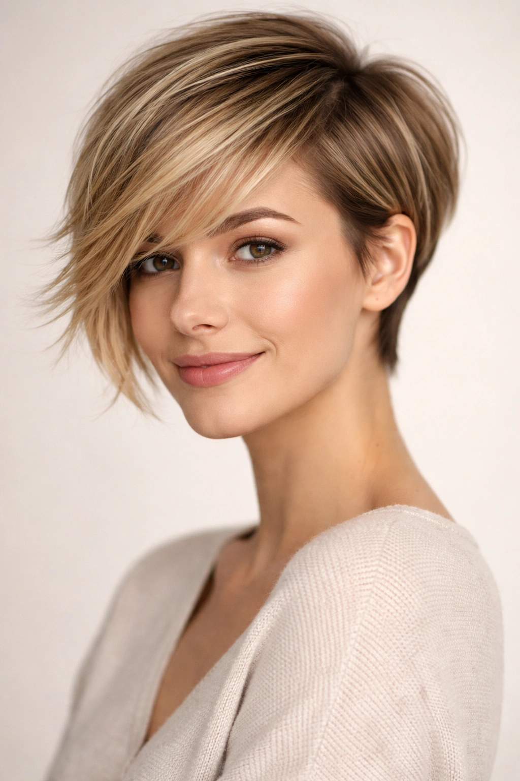 Asymmetrical pixie with a long side sweeping across cheekbone