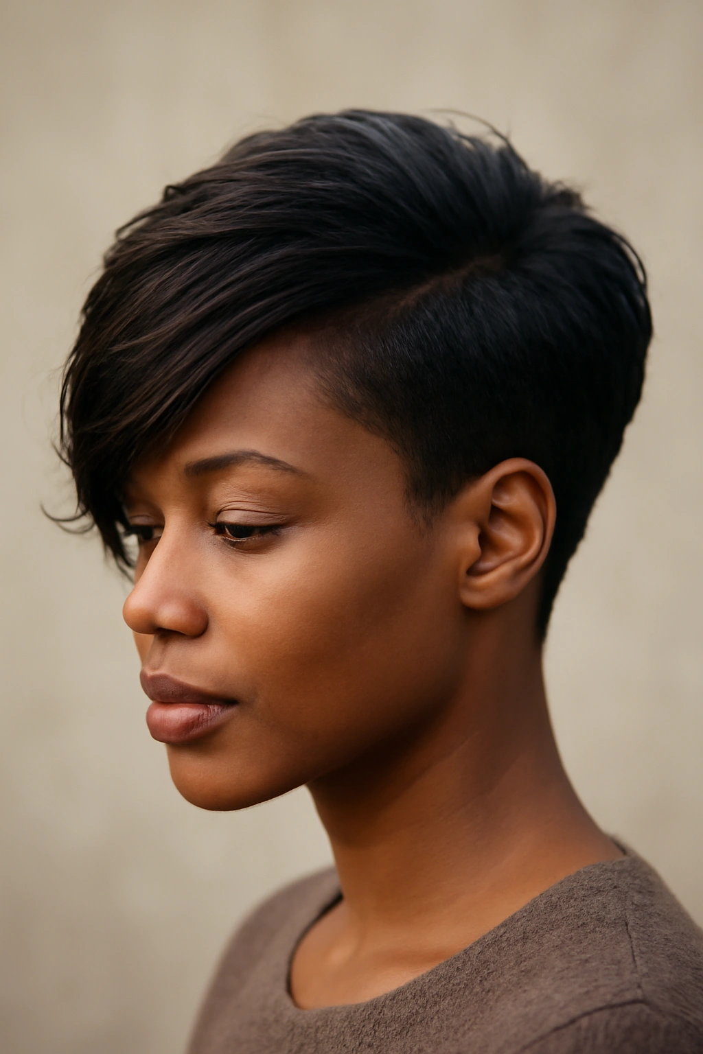 Portrait of a Black woman with a side-swept tapered pixie