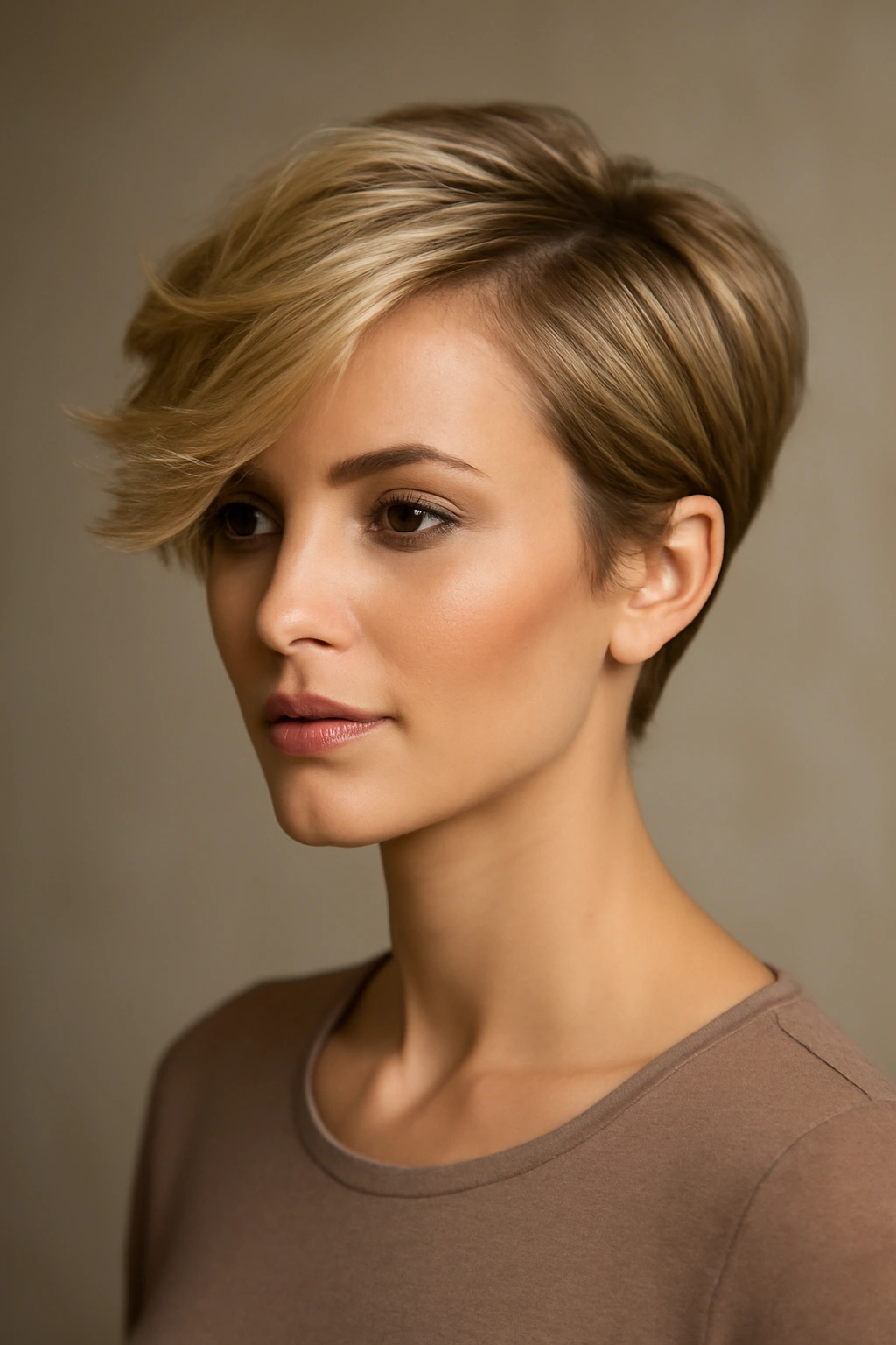 Portrait of a blonde side-swept pixie with a longer swept top