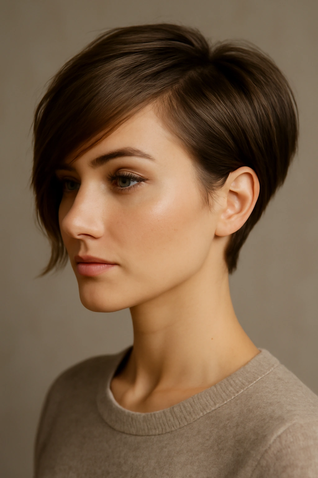 Asymmetrical pixie bob with longer side swept across, showing movement