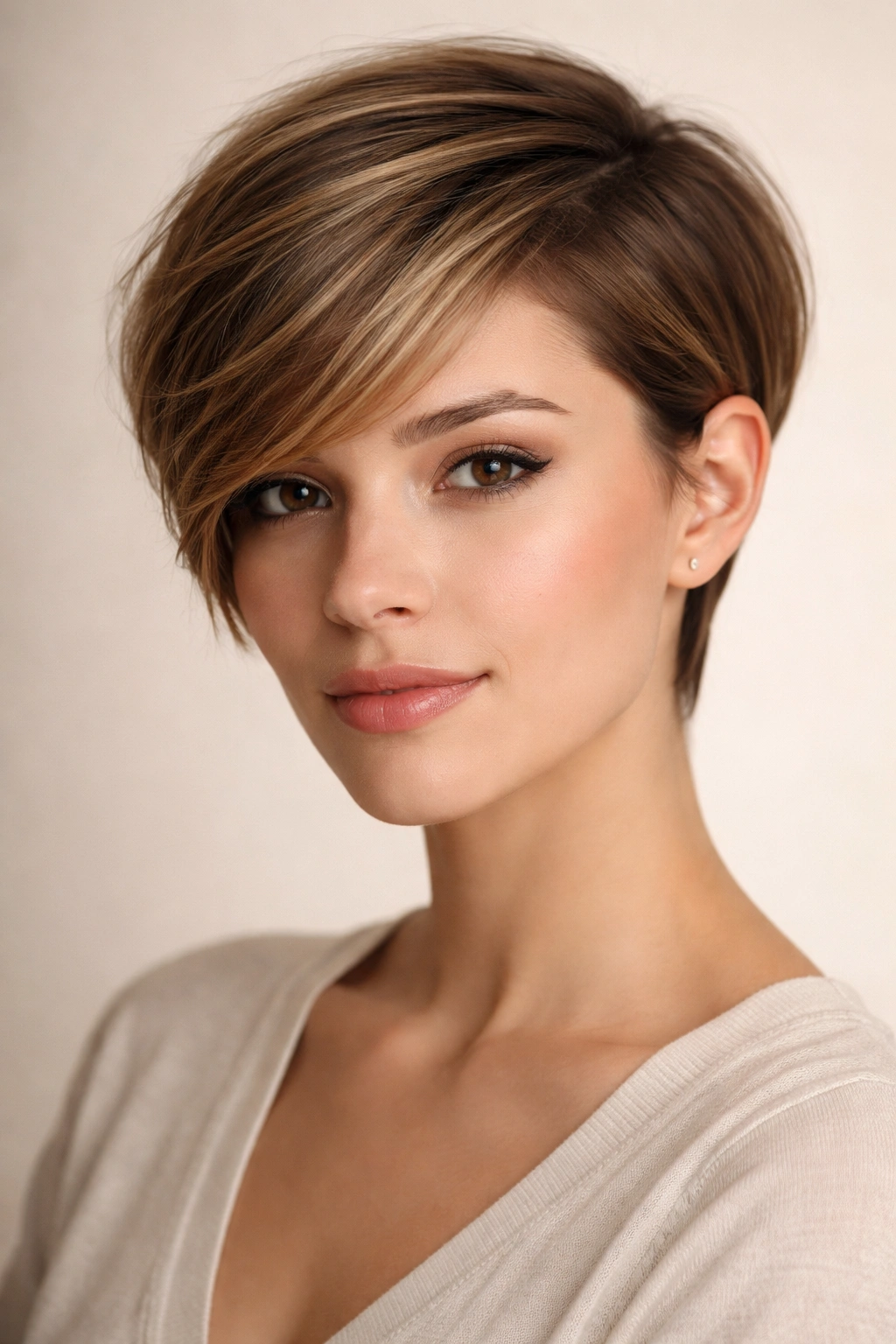 Side-swept pixie showing longer side swept and ears tucked