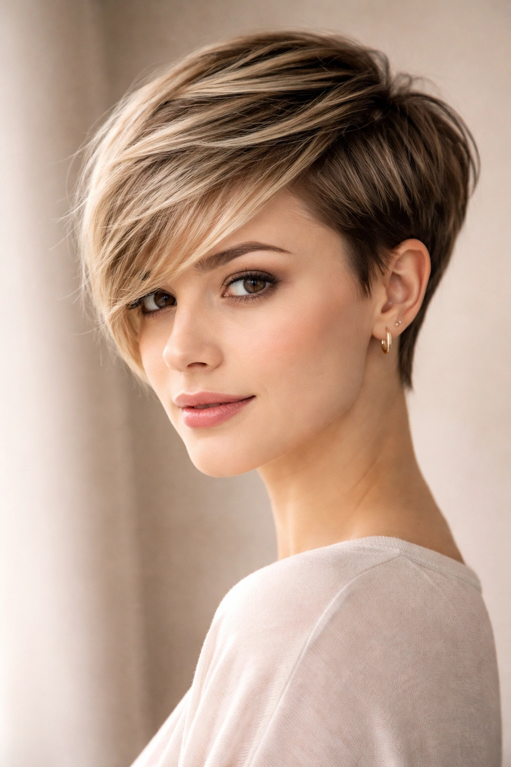 Side-swept pixie hairstyle with longer top swept across face