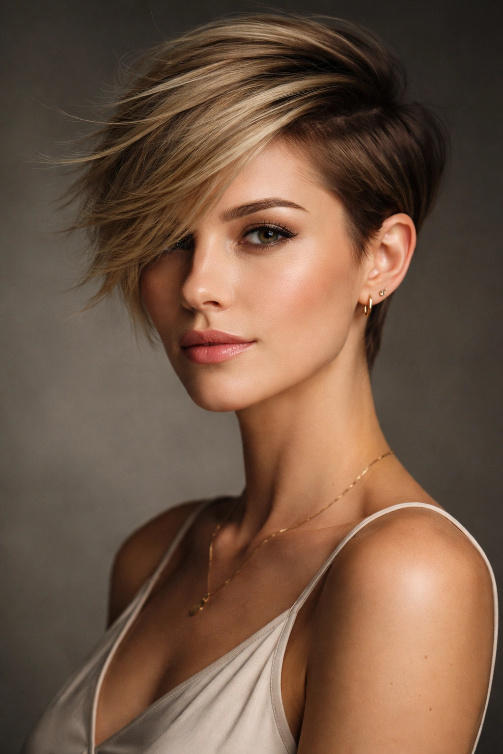 Side-swept pixie hairstyle with dramatic one sided sweep