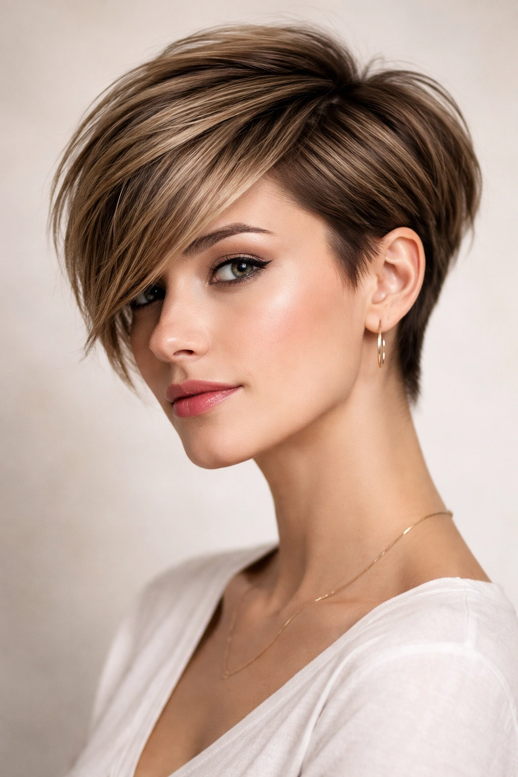 Side-swept pixie with longer front, asymmetrical silhouette