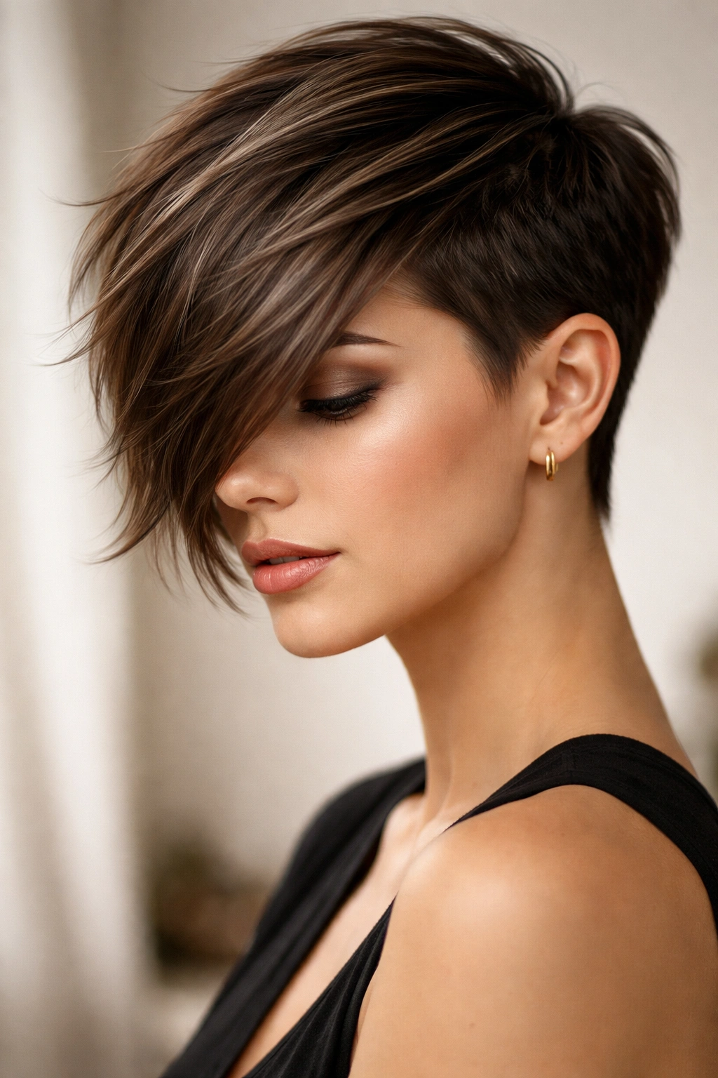 Side-swept pixie with long top sweeping over one eye in a studio portrait