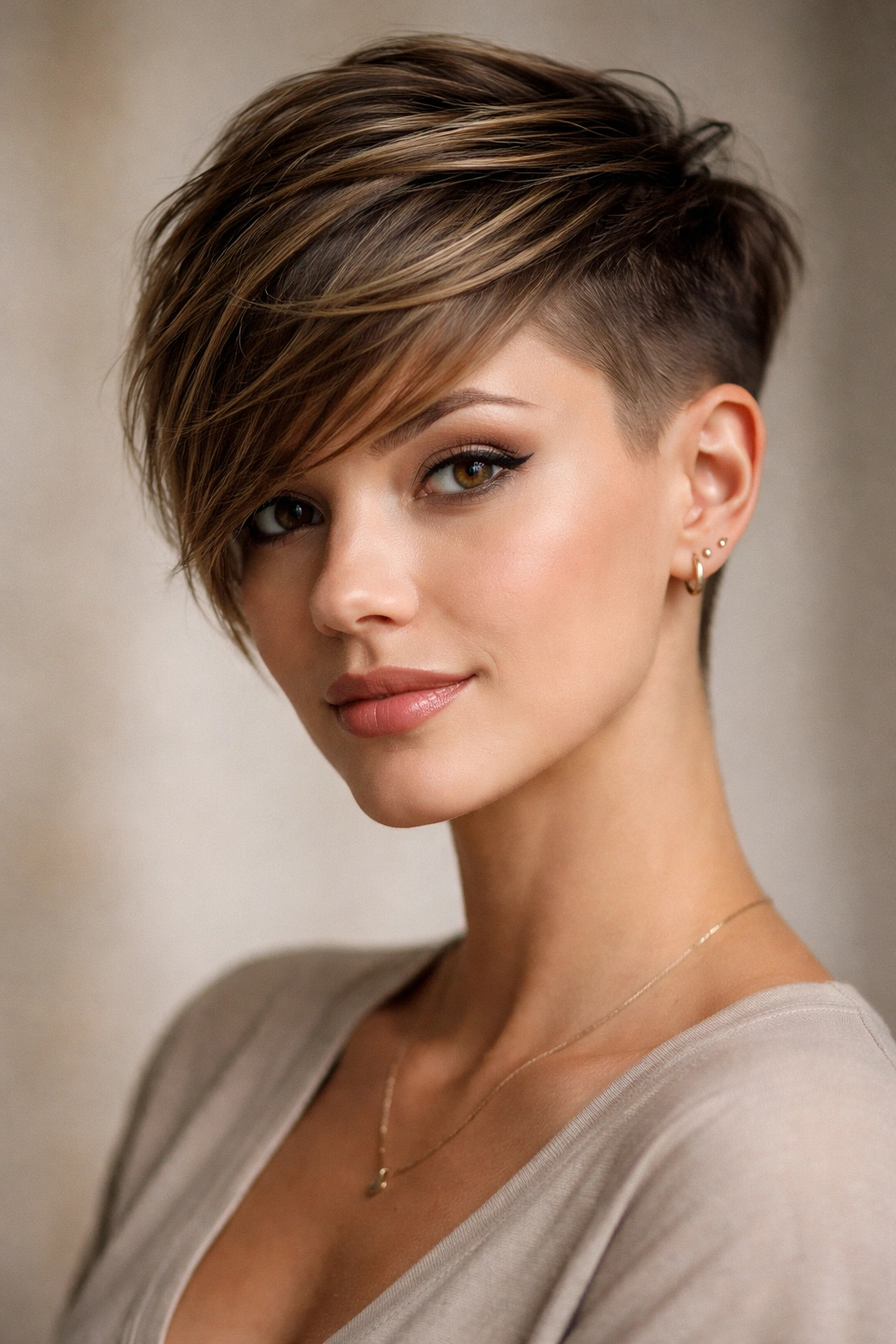 Portrait of side-swept bangs pixie with undercut fade showing diagonal bangs