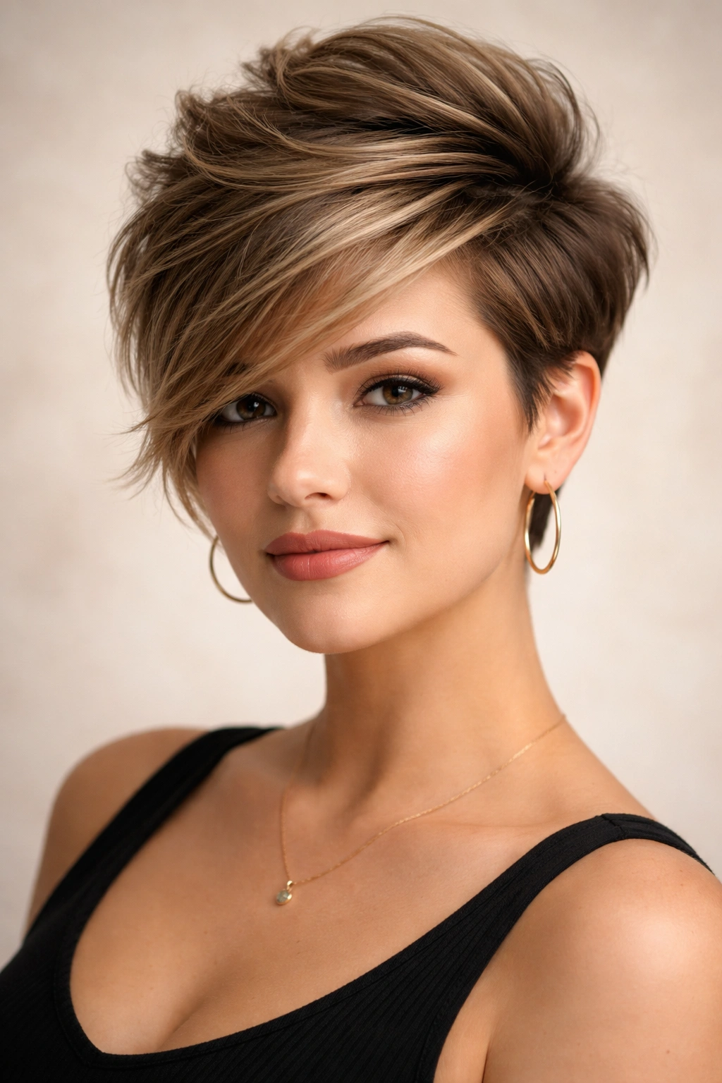 Portrait of side-swept pixie with volume on top and asymmetrical length.
