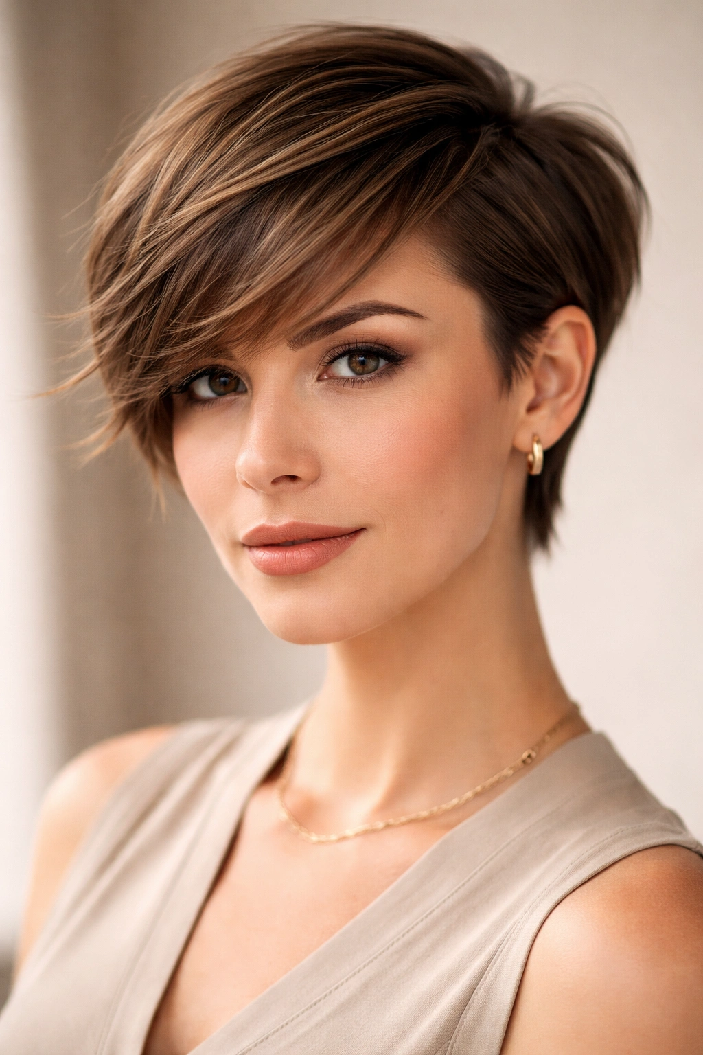 Side-swept pixie hairstyle creating width with longer side and textured short side