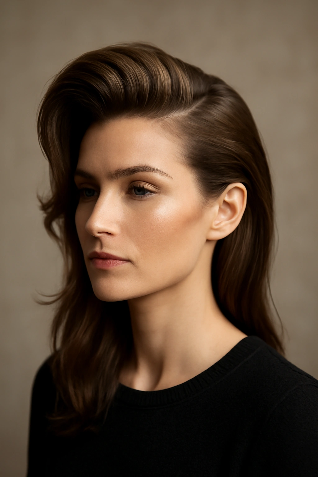 Portrait of a side-swept pompadour with dramatic asymmetrical silhouette.