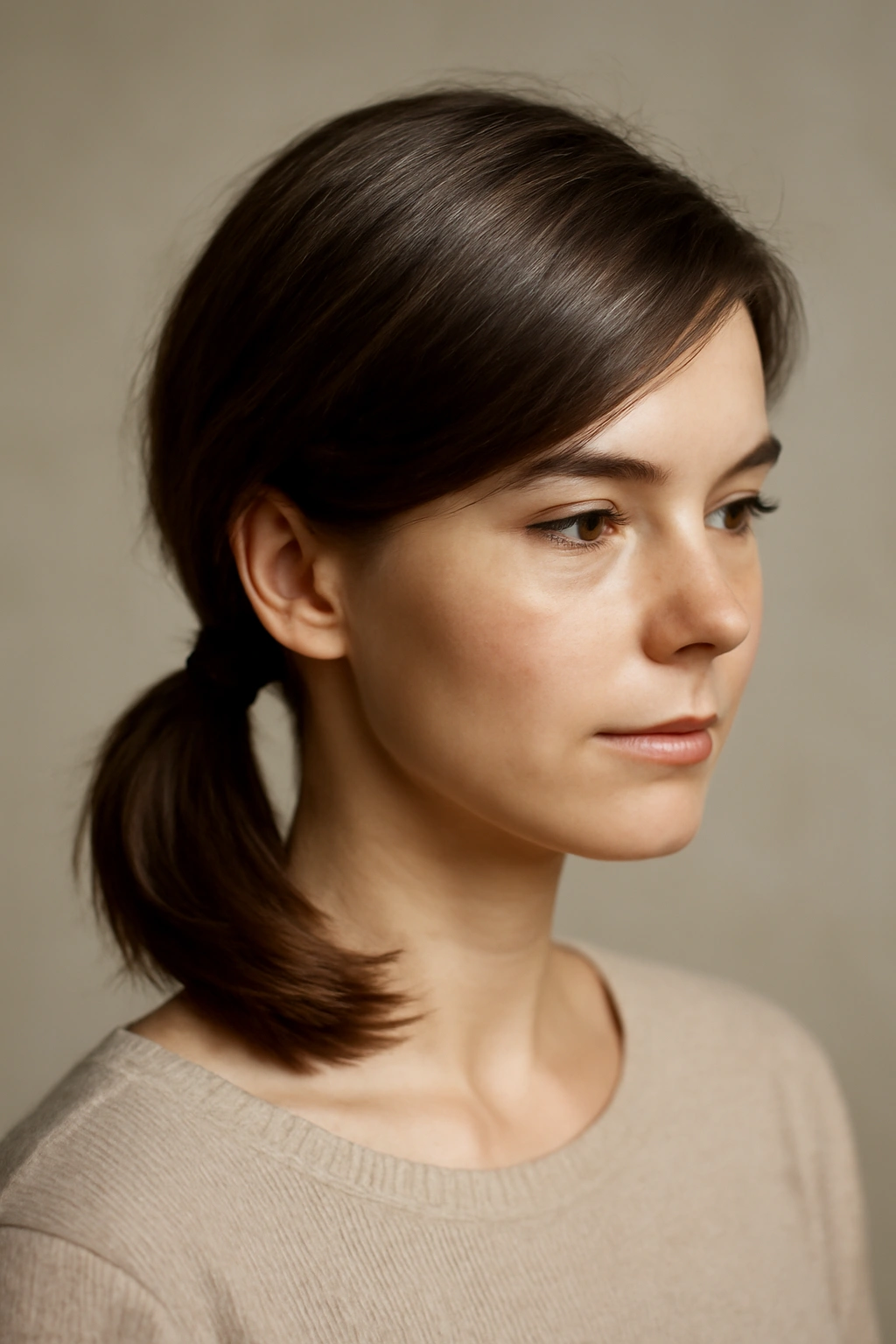 Close-up of a short-haired model with a low side ponytail wrapped at the base