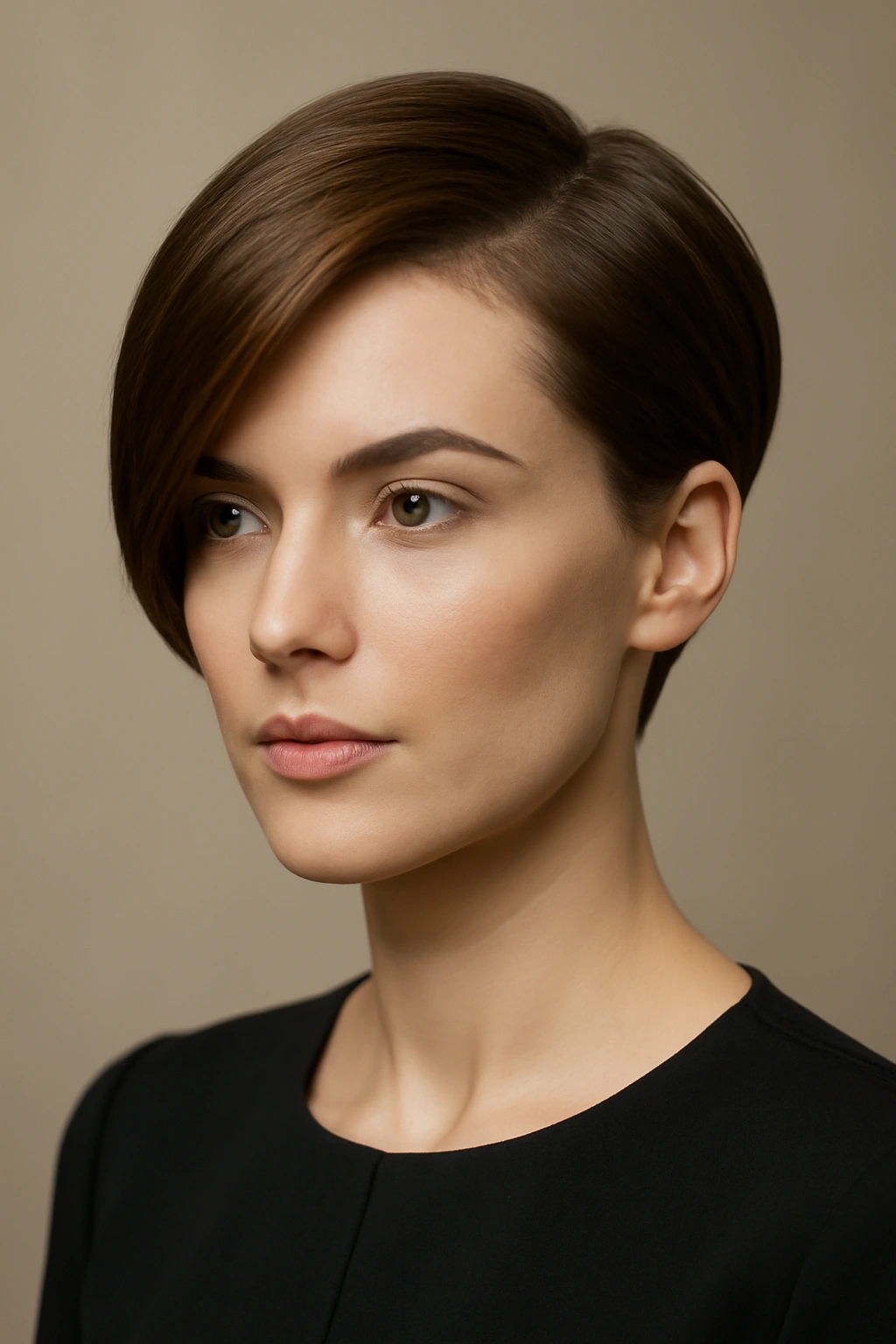 Short cut with dramatic side sweep across the forehead