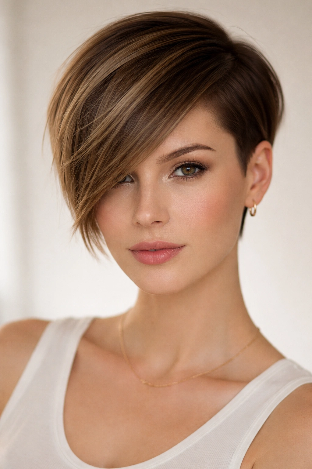 Front view of straight-haired head with longer top swept to the side for a bold, asymmetrical line