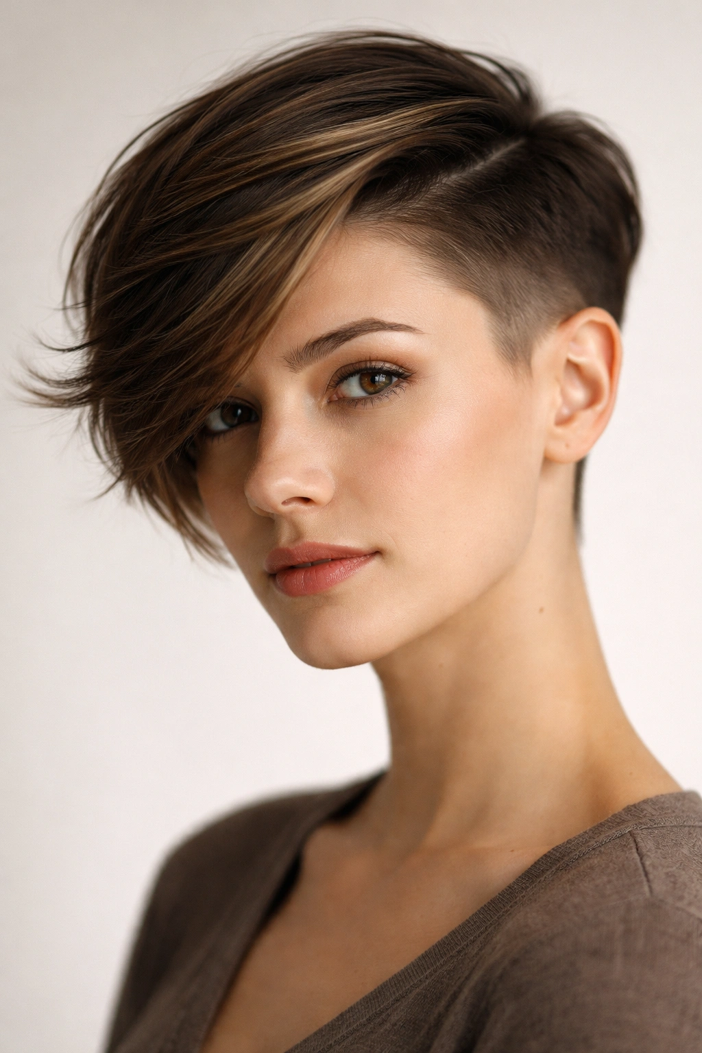Side-swept short hairstyle with diagonal top and faded side