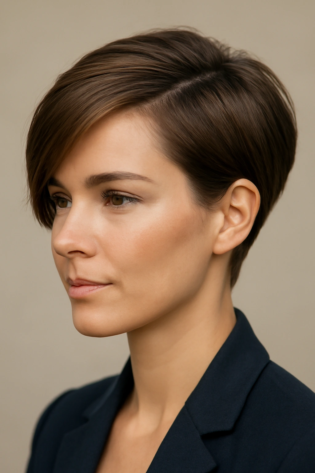 Side-swept short hair with diagonal front sweep