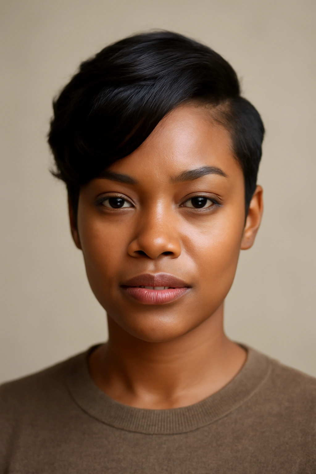 Head-on view of a person with a dramatic side-swept top