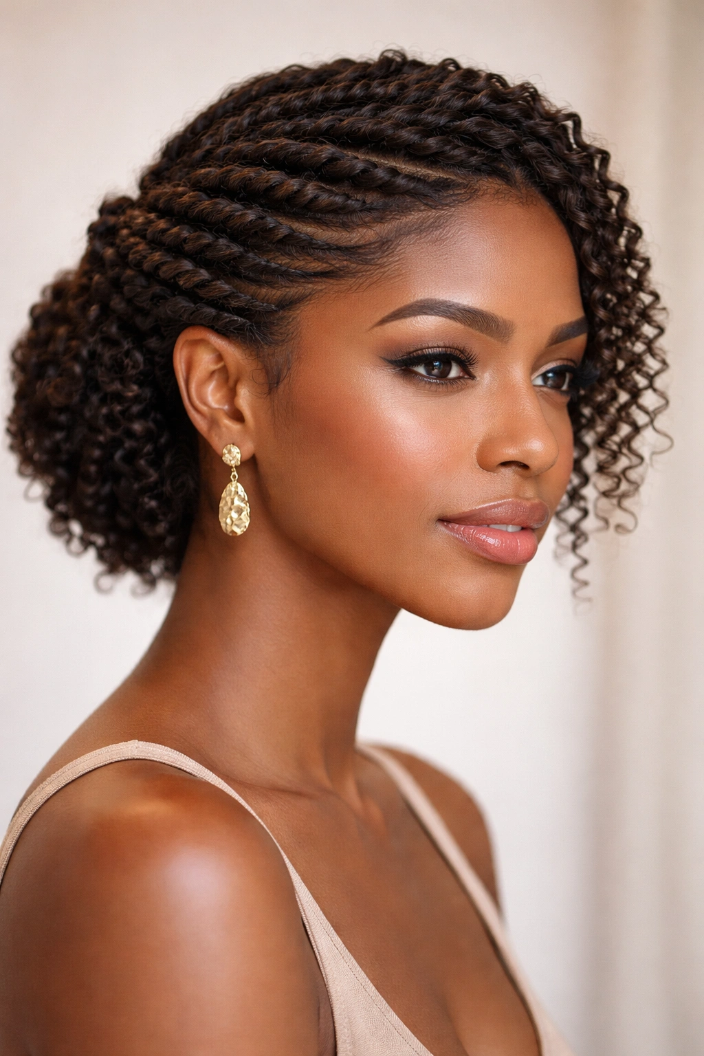 Side-swept twisted crown with diagonal twists across the head