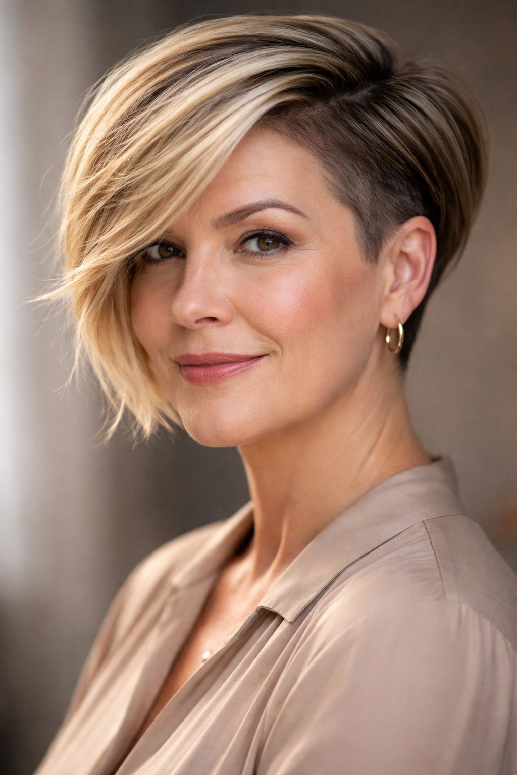 Portrait of a round-faced person with an undercut bob and side-swept top