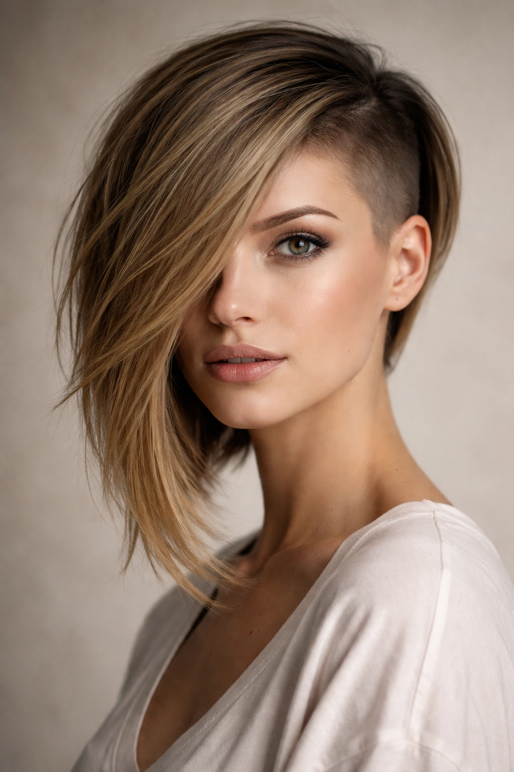 Side-swept undercut with long, sweeping side and short faded opposite