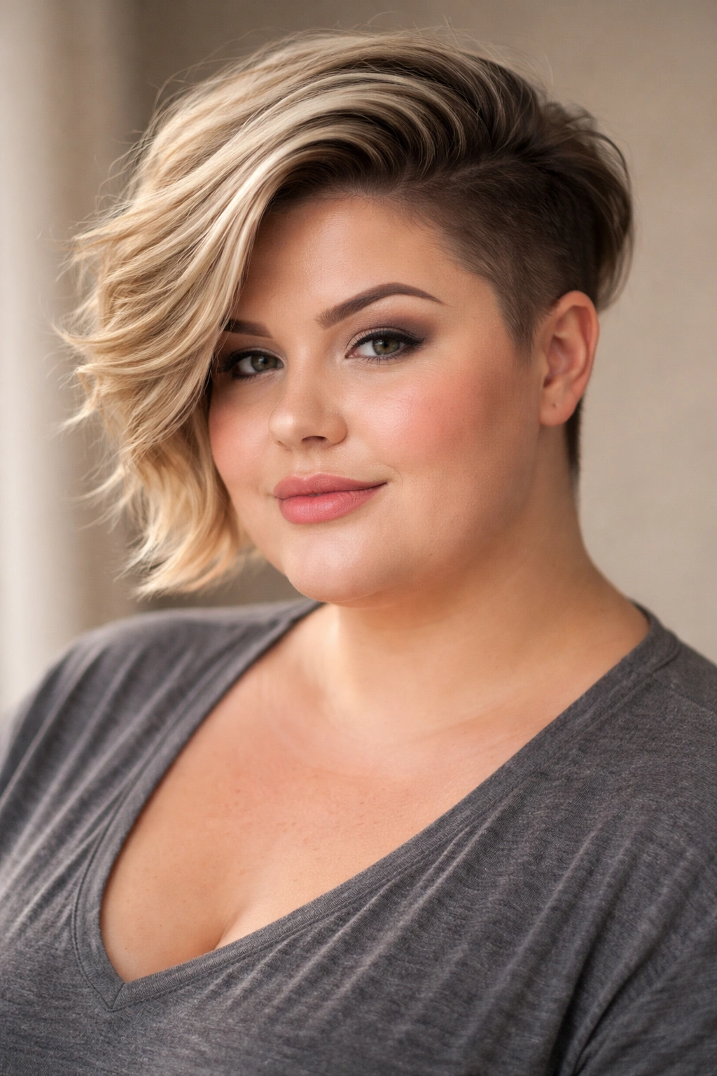 Portrait of a person with side-swept short cut and hidden undercut, dramatic top sweep.
