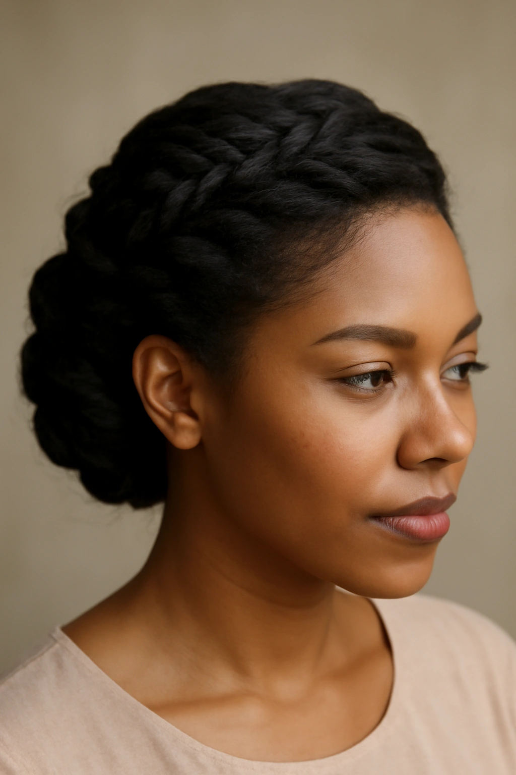 Side swept updo with tucked twists forming an elegant asymmetric silhouette.