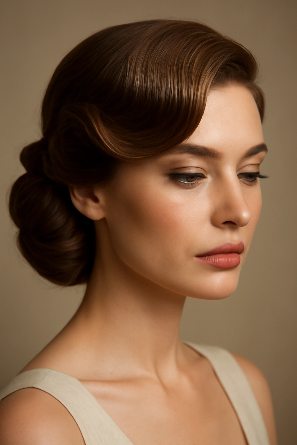 Close-up of a woman with dramatic side-swept vintage waves updo, bridal hairstyle