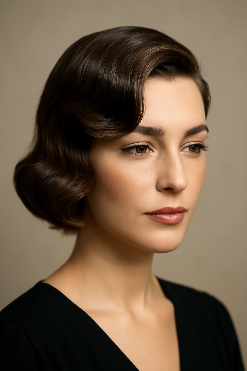 Portrait of short hair with side-swept vintage waves and polished shine