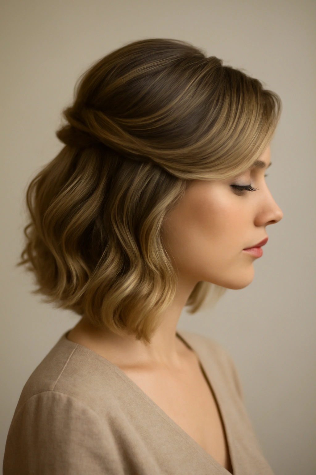 Side-swept waves with a half-up detail on short hair