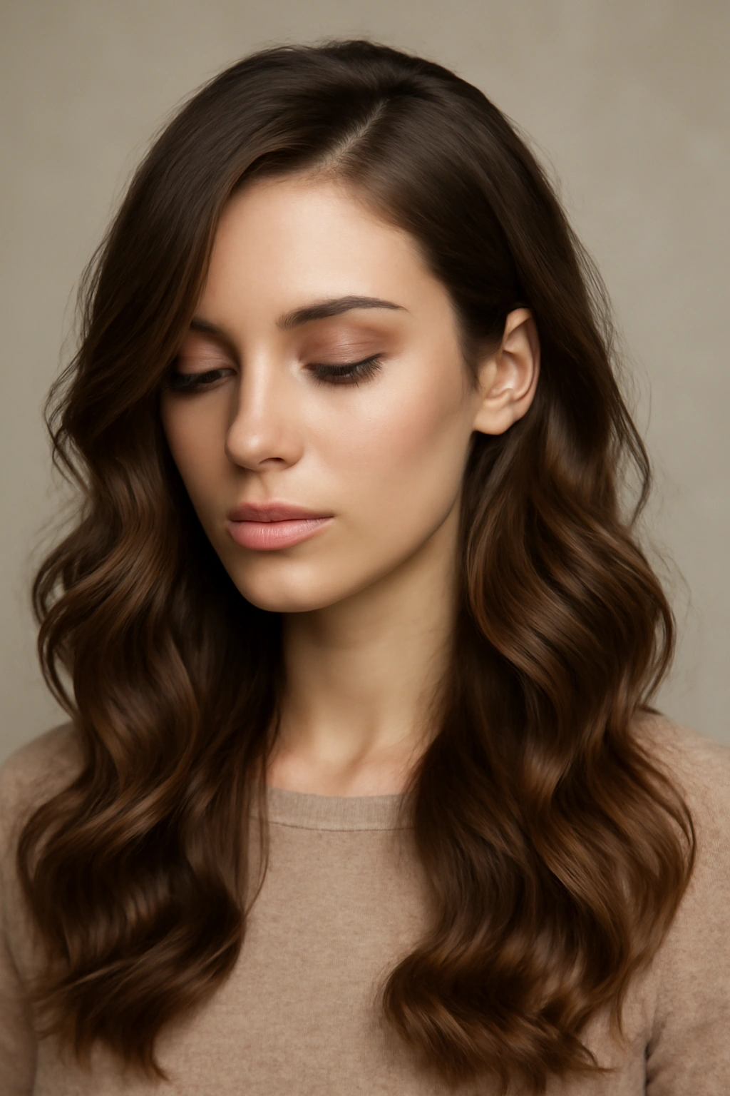 Close-up of a model with side-swept waves and loose curls