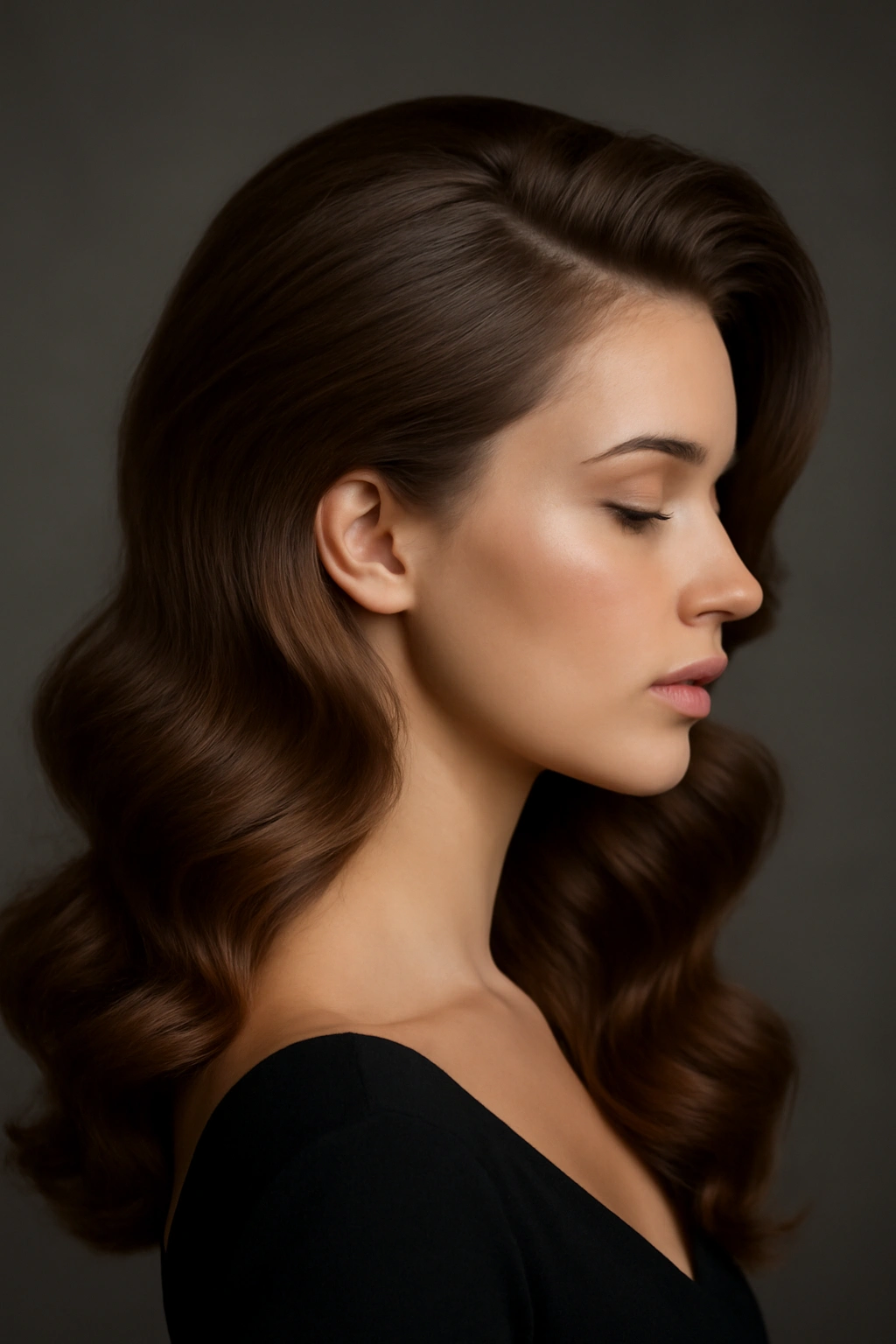 Dramatic side-swept waves with volume at the crown and deep side part.
