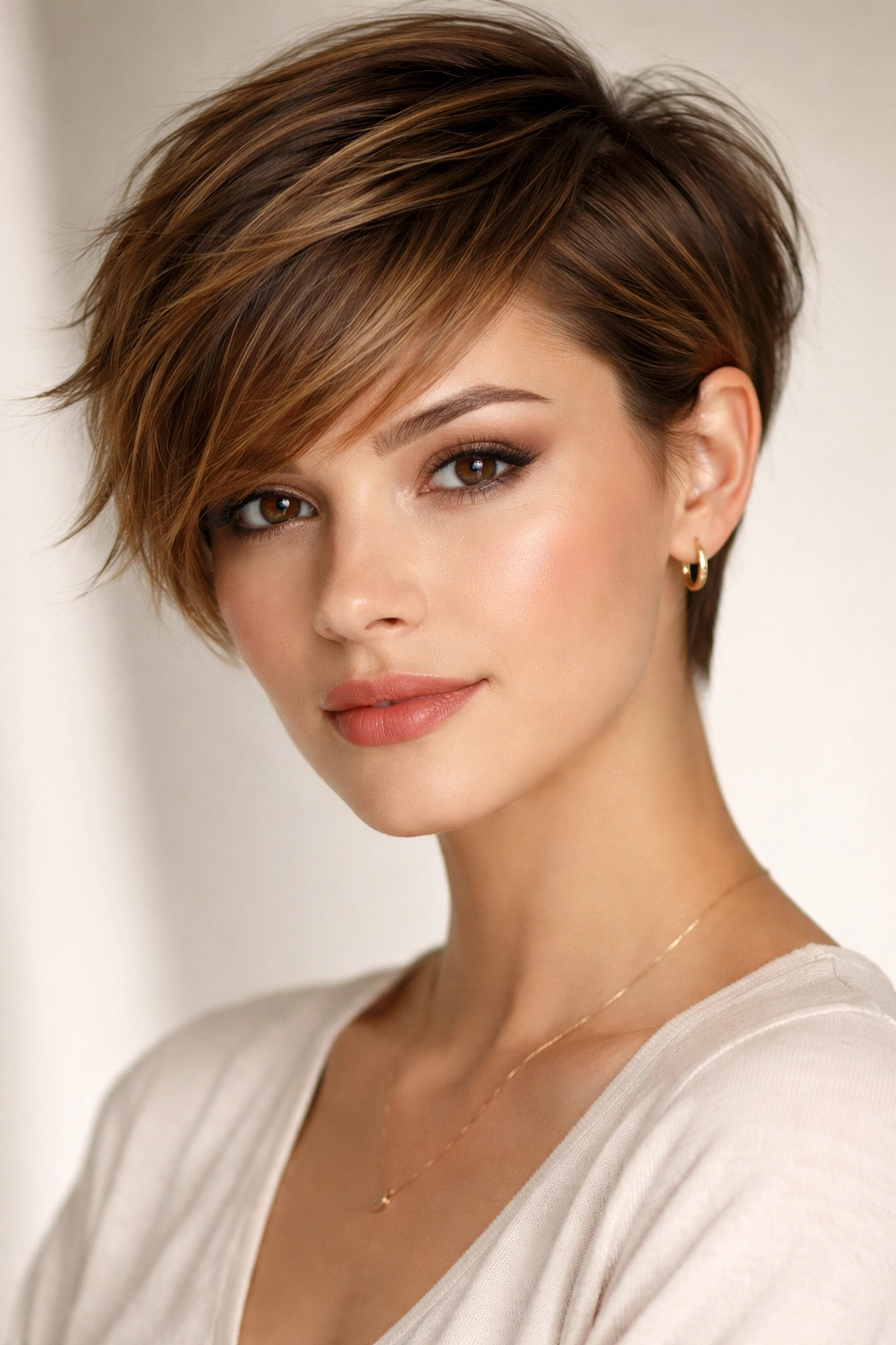 Portrait of a model with a sideswept pixie balancing a heart-shaped face