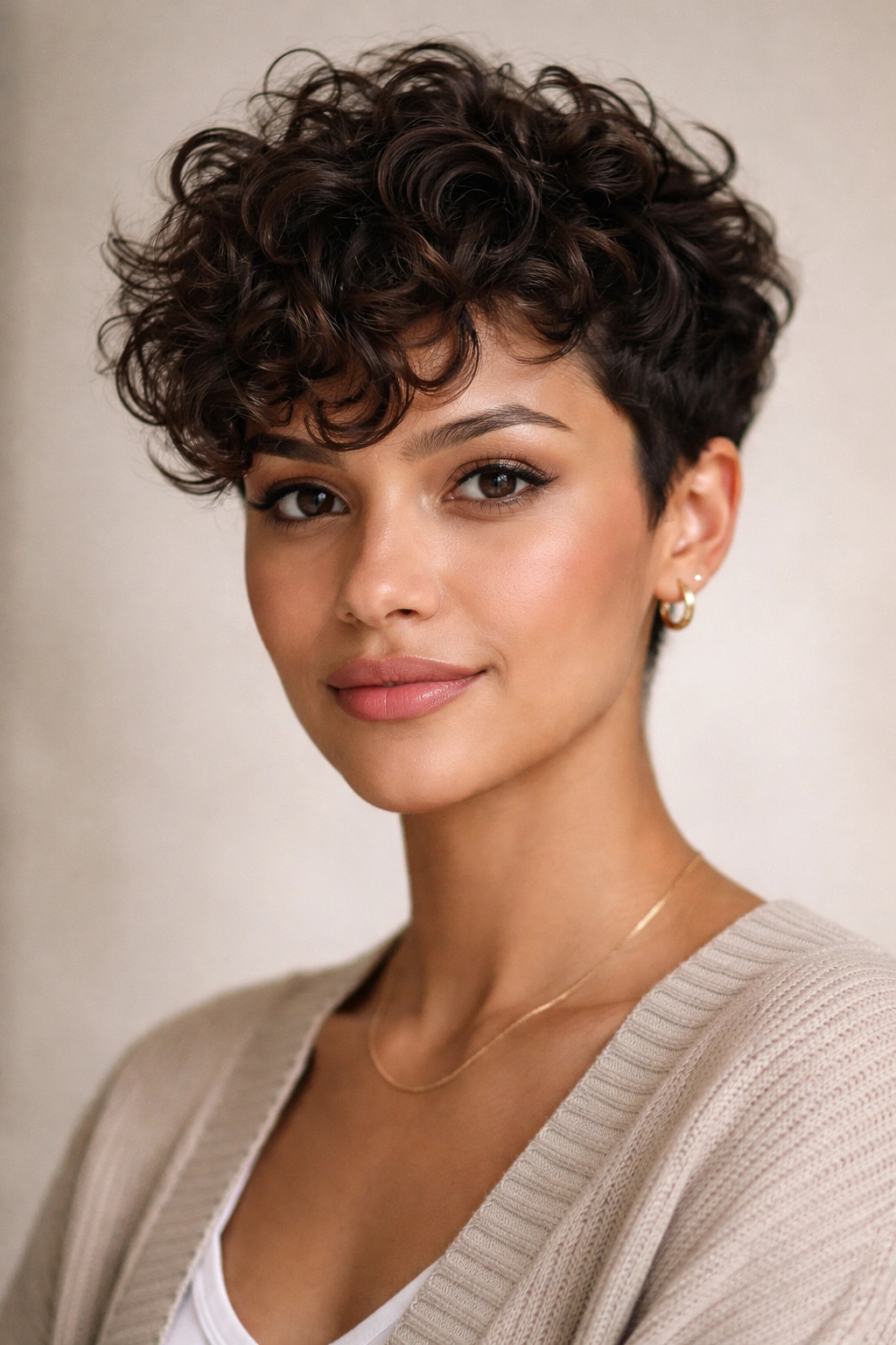 Portrait of a person with a polished signature short curl cut and defined curls