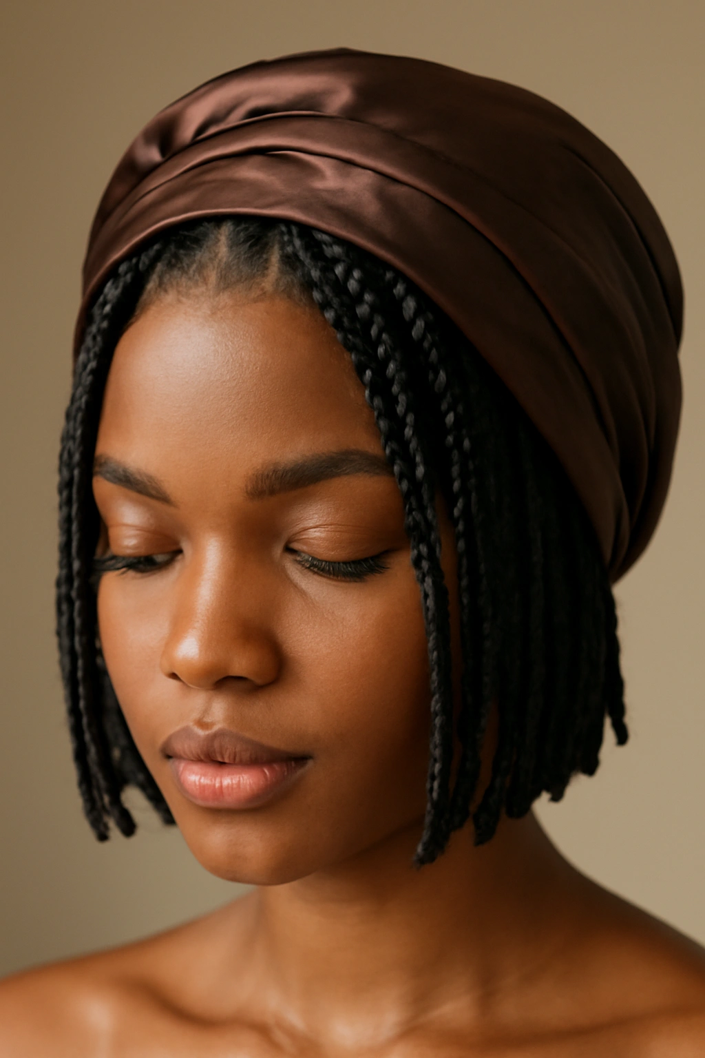 Braids under a silk bonnet or headwrap with a polished finish