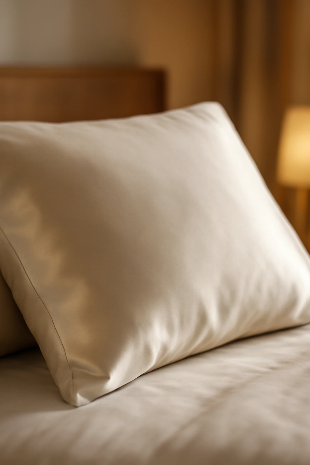 Close-up of an ivory silk pillowcase showing smooth sheen for hair protection