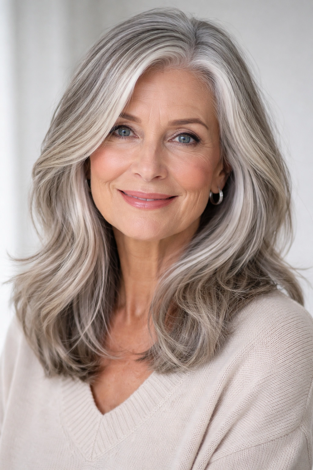 Hair with silver-blonde highlights adding dimension