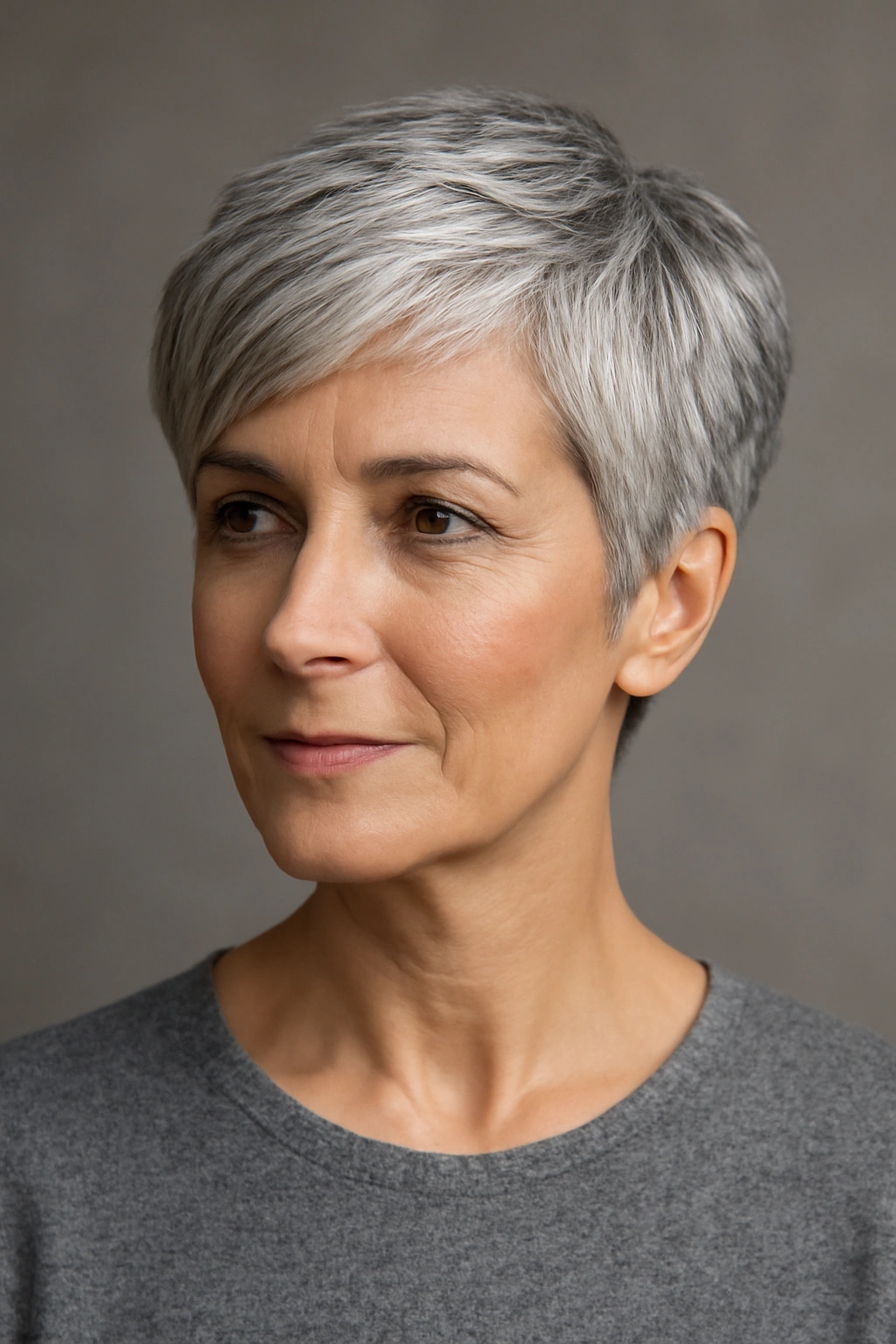 Portrait of a person with a silver pixie crop showing luminous gray hair texture