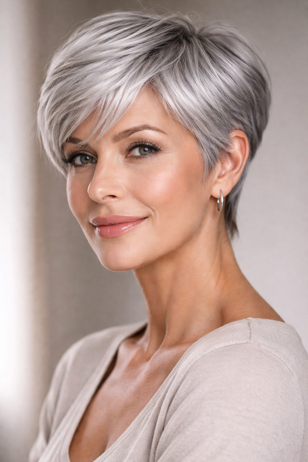 Close-up of a woman with a silver pixie cut showing cool gray tones and texture