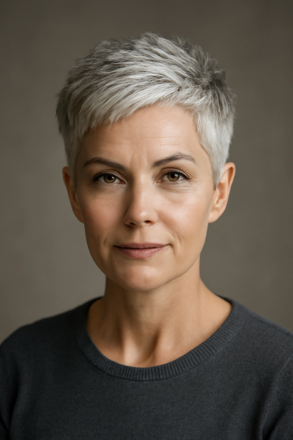 Close-up of a person with a silver pixie cut, highlighting short sides and a textured crown