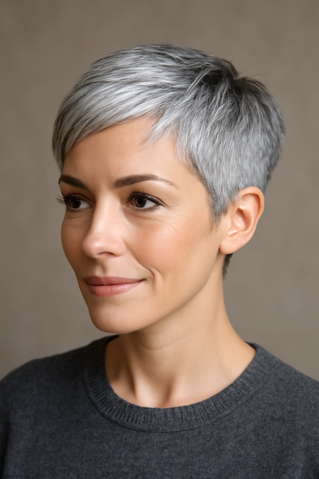 Portrait of a woman with a silver pixie and cool-toned hair