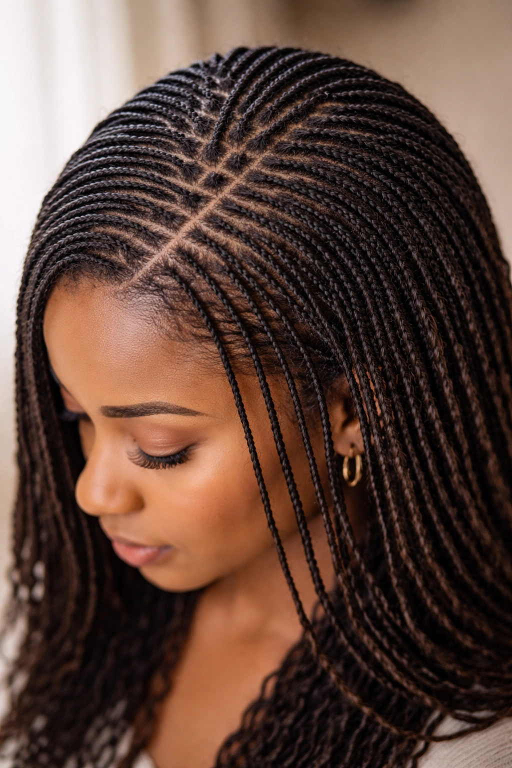 Close-up of ultra-thin Sisterlocks in a neat grid on the scalp