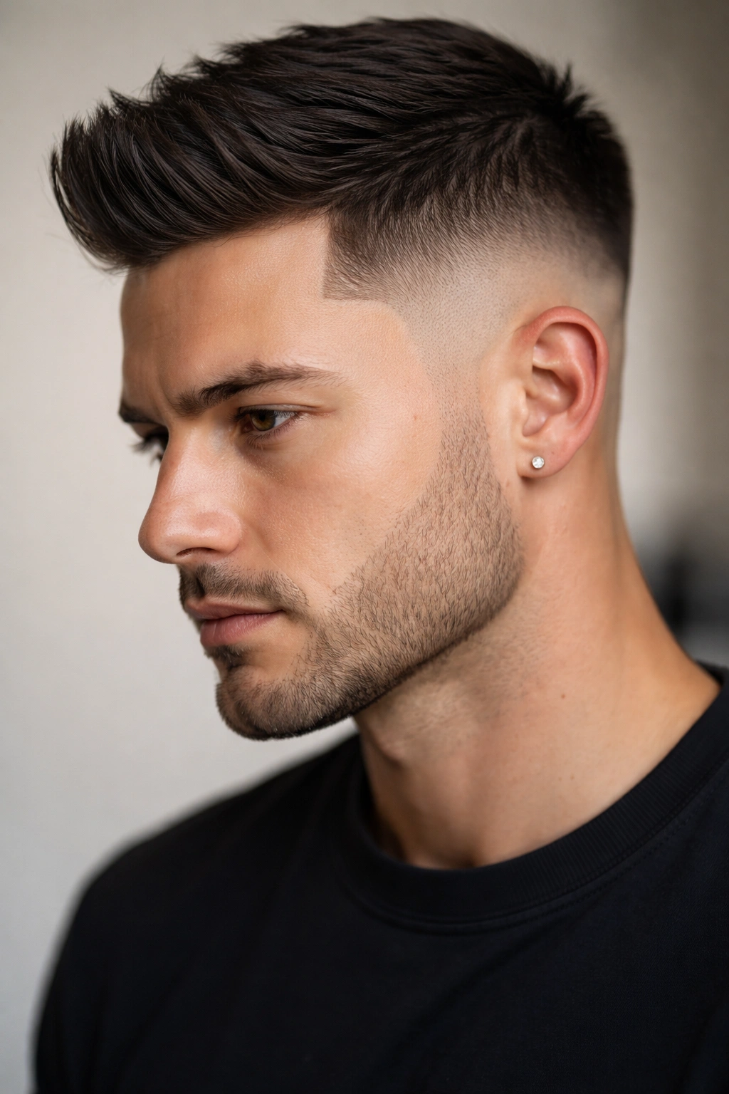 Skin fade at temples with hairline shaved to bare skin for contrast