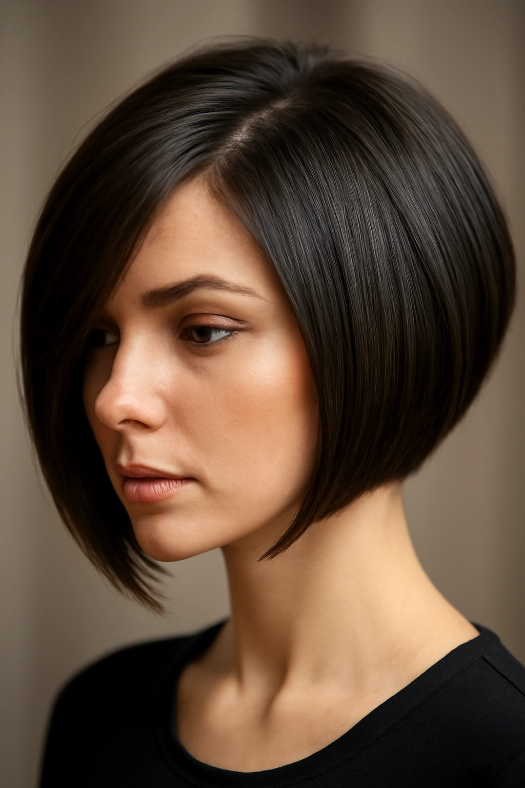 Model with sleek angled bob and side-swept bangs highlighting facial angles.